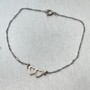 Silver Double Open Heart Charm Sterling Chain Anklet 9" Dainty